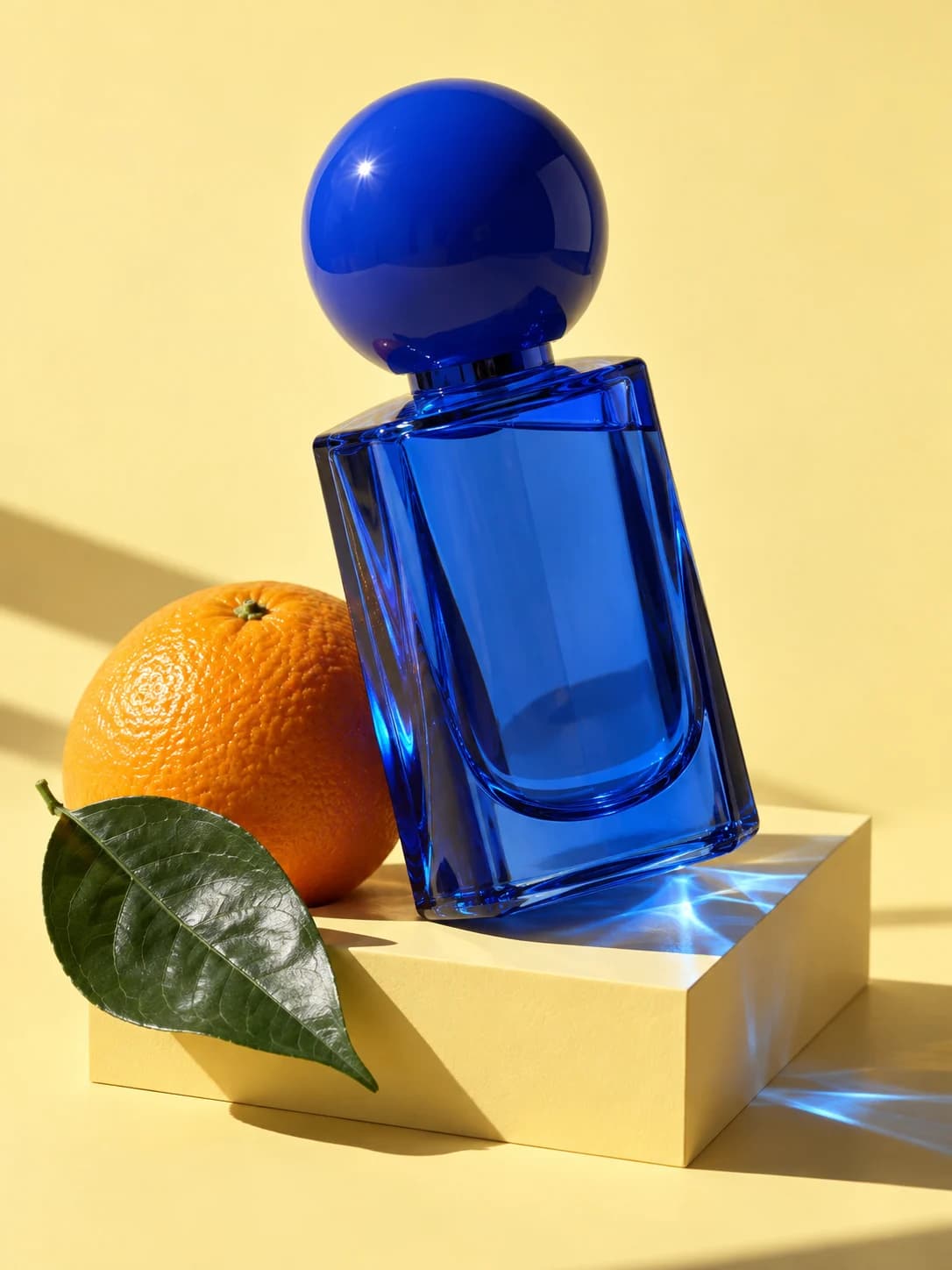Composition créée avec l’IA : flacon bleu, orange et lumière de studio